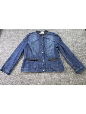 Chicos Womens Denim Jacket Size 2 With Black Embellished Collar & Pockets